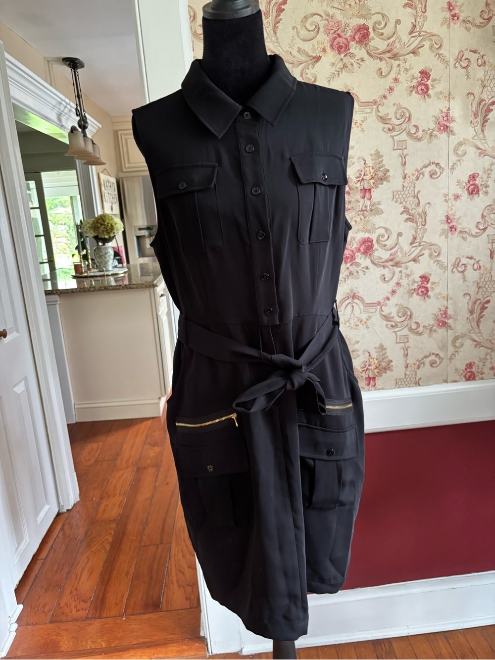 Sleeveless Black Button-Front Utility Dress with Waist Tie
